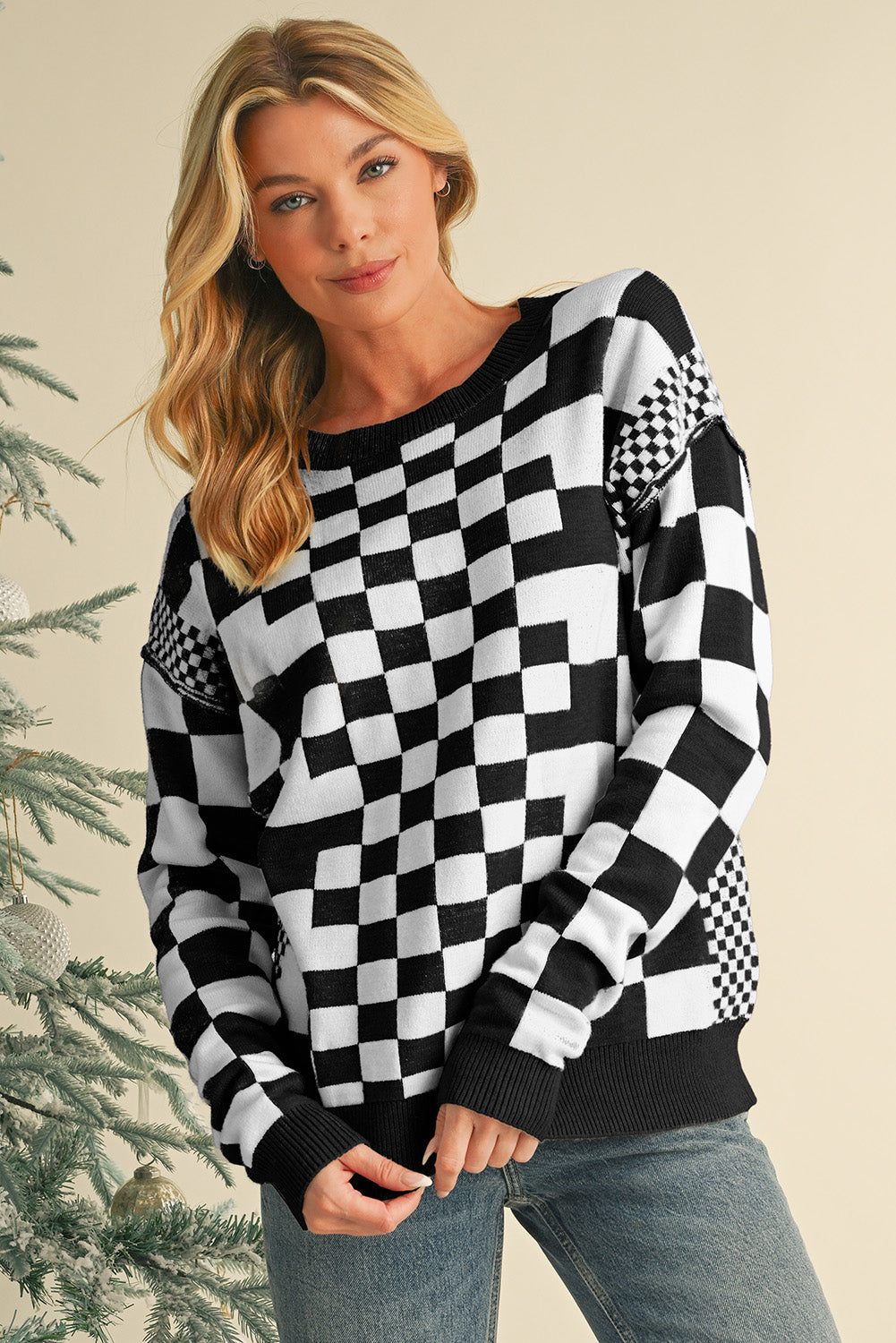 Checkered Drop Shoulder Round Neck Sweater