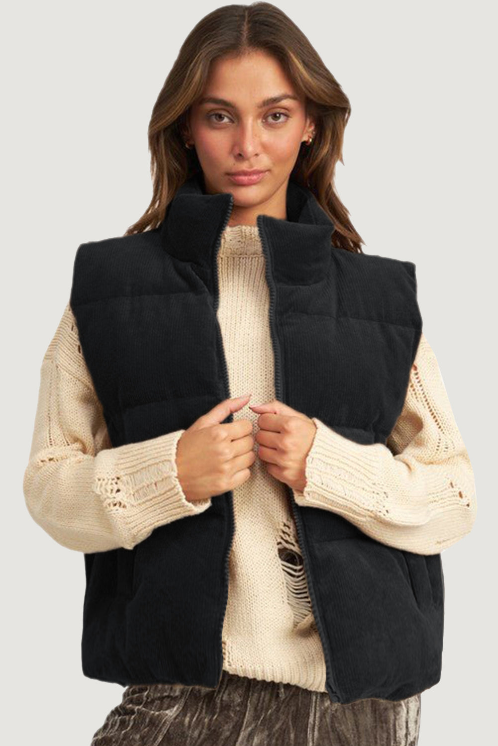 Black Solid Colour Corduroy Puffer Vest Coat