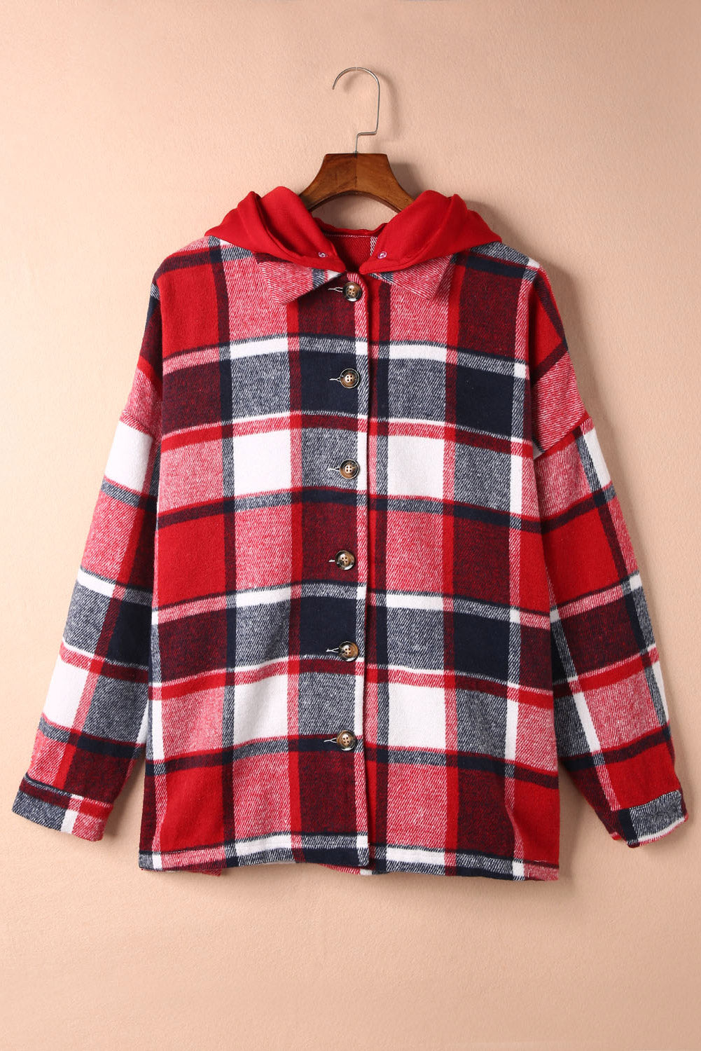 Plaid Button Front Drop Sleeve Hooded Shacket