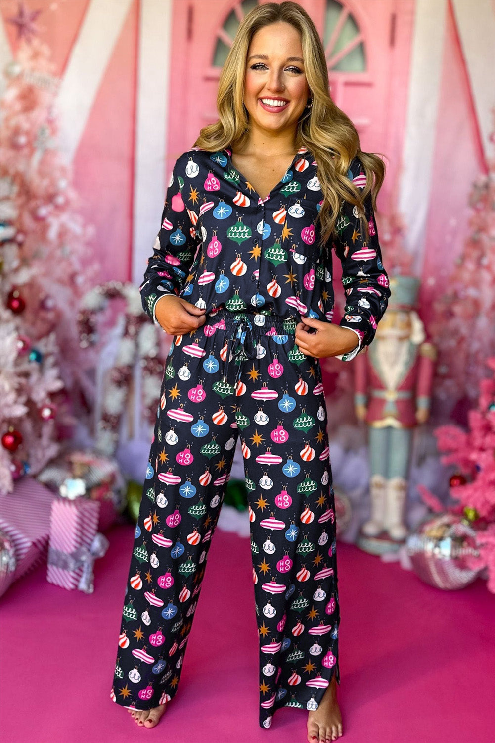 Navy Blue Colourful Christmas Lights Print Shirt and Pants Pajama Set