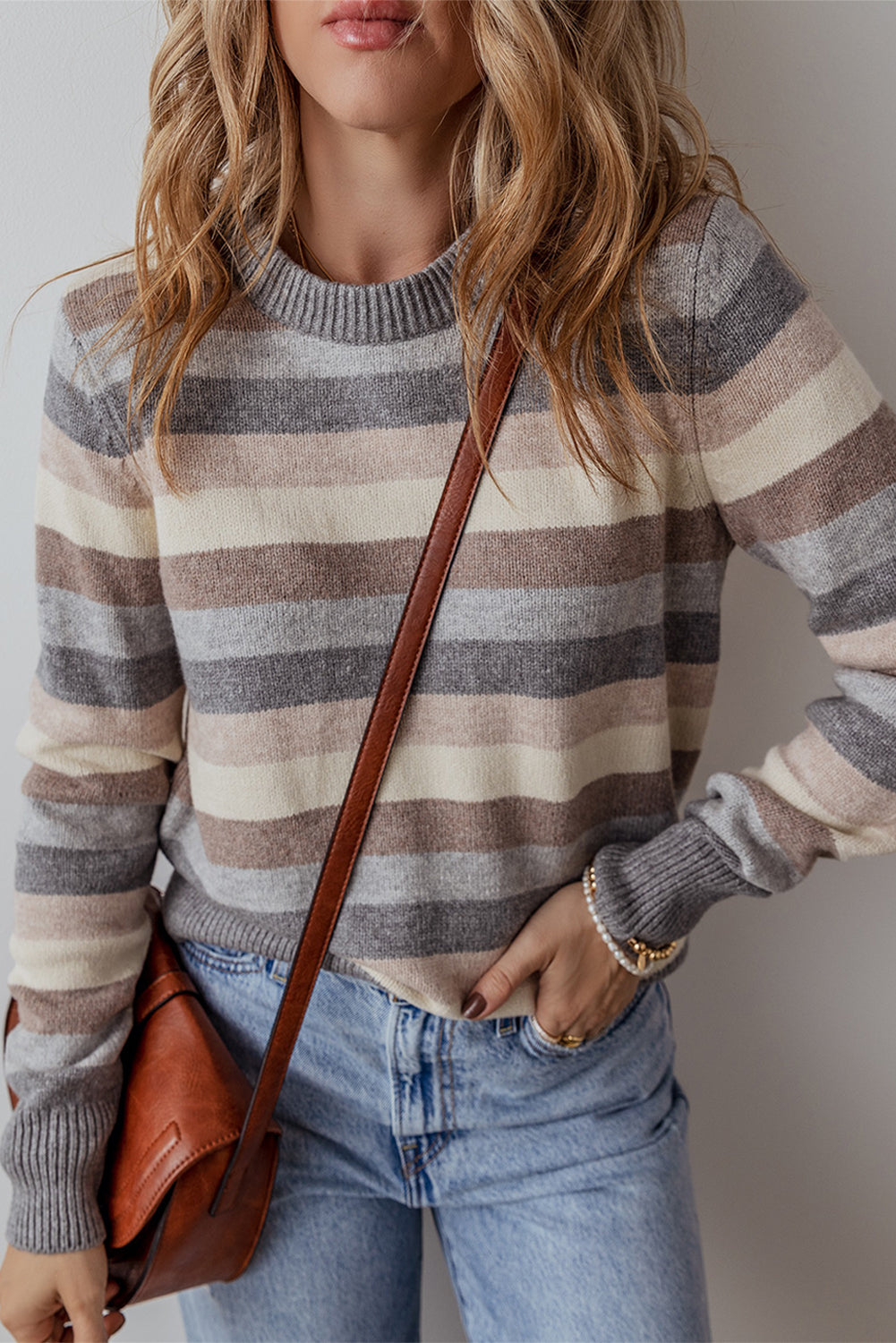 Grey Striped Ribbed Edge Round Neck Sweater