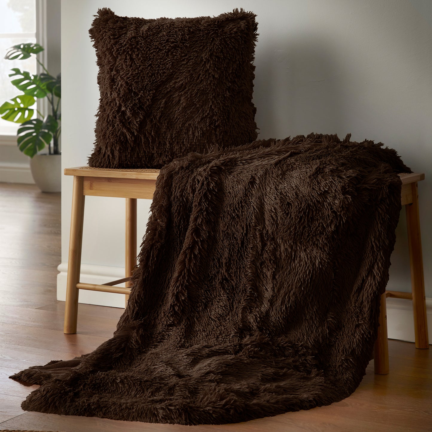 Cuddly Deep Pile Faux Fur Cushion in Chocolate by Catherine Lansfield