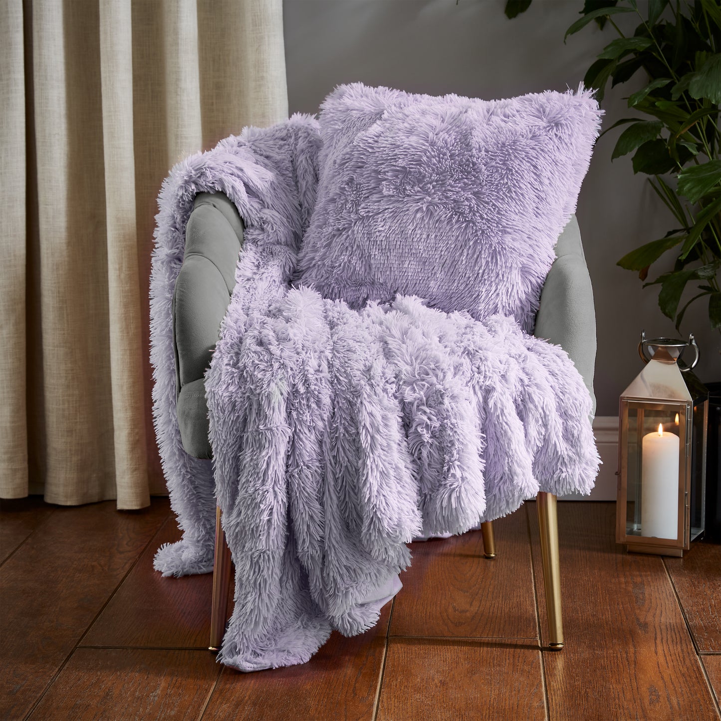 Cuddly Deep Pile Faux Fur Cushion in Heather by Catherine Lansfield