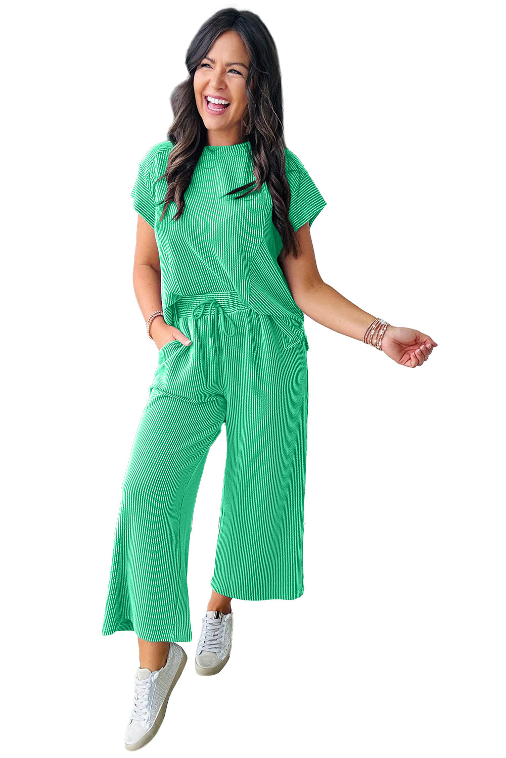 Solid Corded Short Sleeve T Shirt And Wide Leg Pants Set