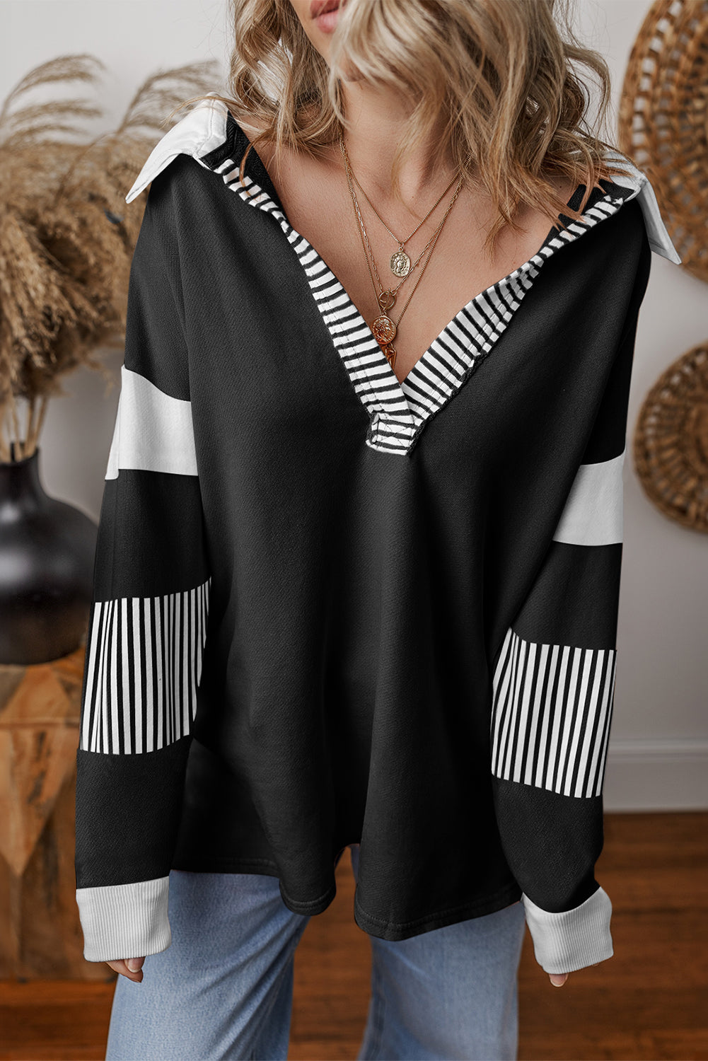 Striped Patchwork Collar Sweatshirt