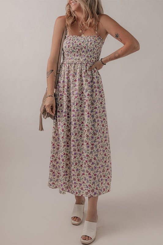 Multicolour Boho Floral Print Spaghetti Strap Flare Midi Dress
