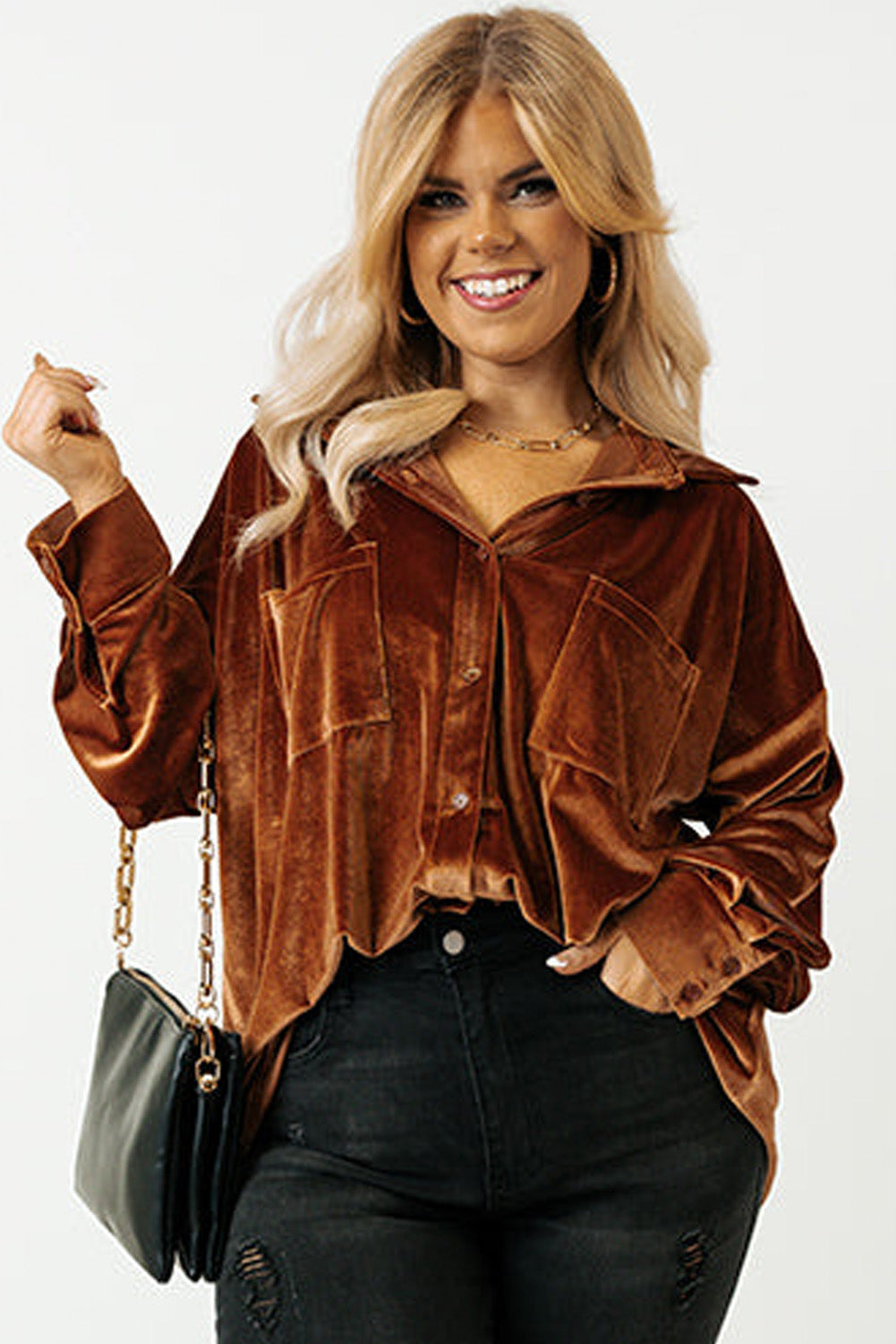 Bright Pink Plus Size Velvet Chest Pocket Drop Shoulder Shirt