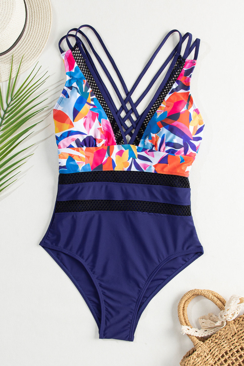 Blue Floral Leopard Splicing Color Block Mesh One Piece Swimsuit