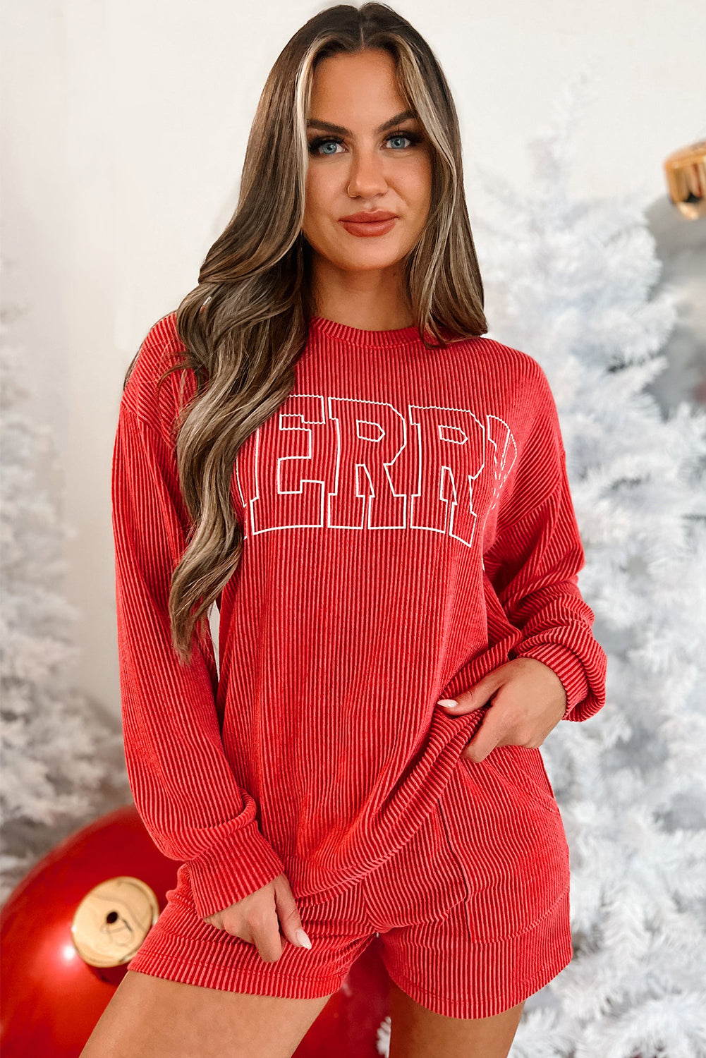 Racing Red Corded MERRY Long Sleeve Top and Shorts Pyjama Set