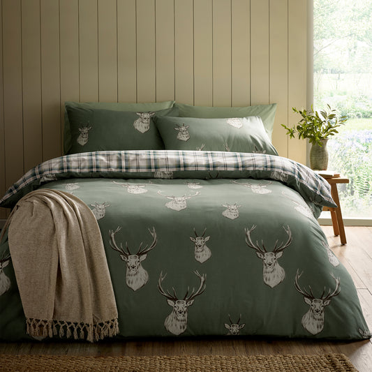 Stag Check Reversible Duvet Cover Set in Soft Green by Catherine Lansfield