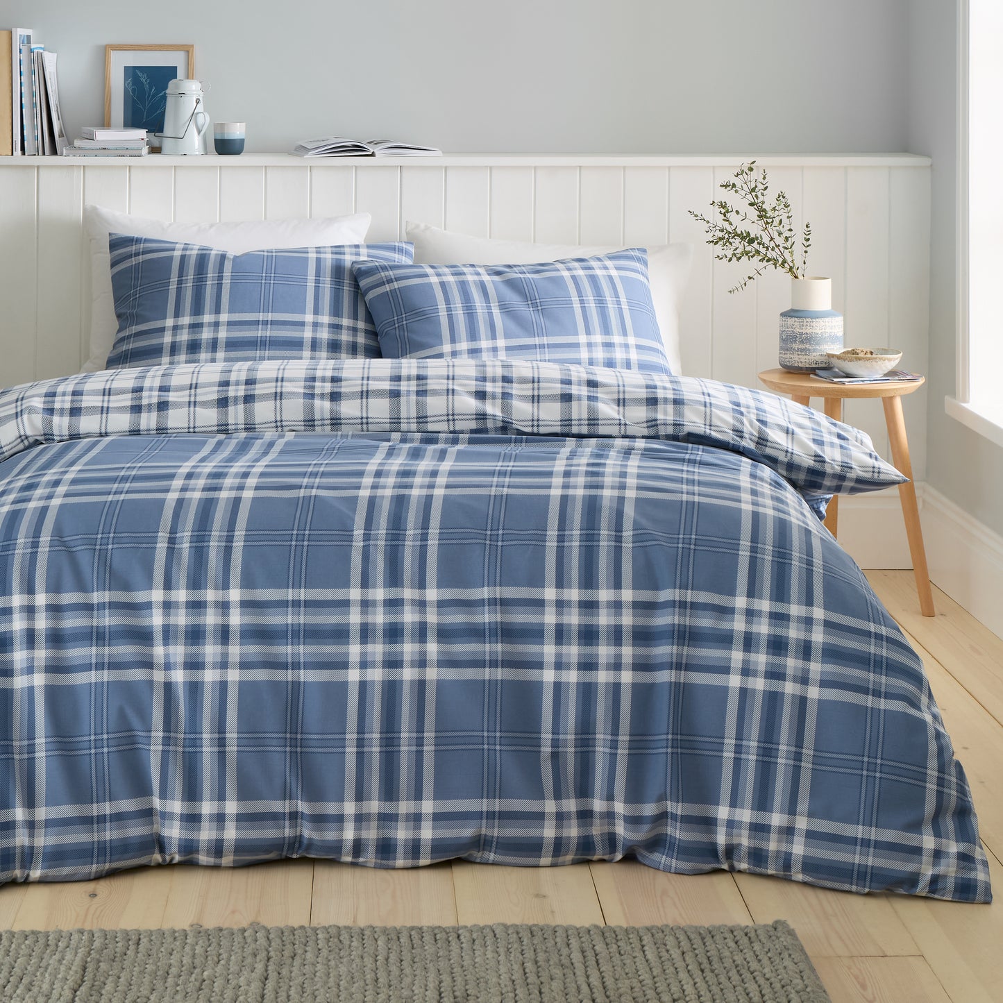 Kelso Check Reversible Duvet Cover Set in Blue by Catherine Lansfield