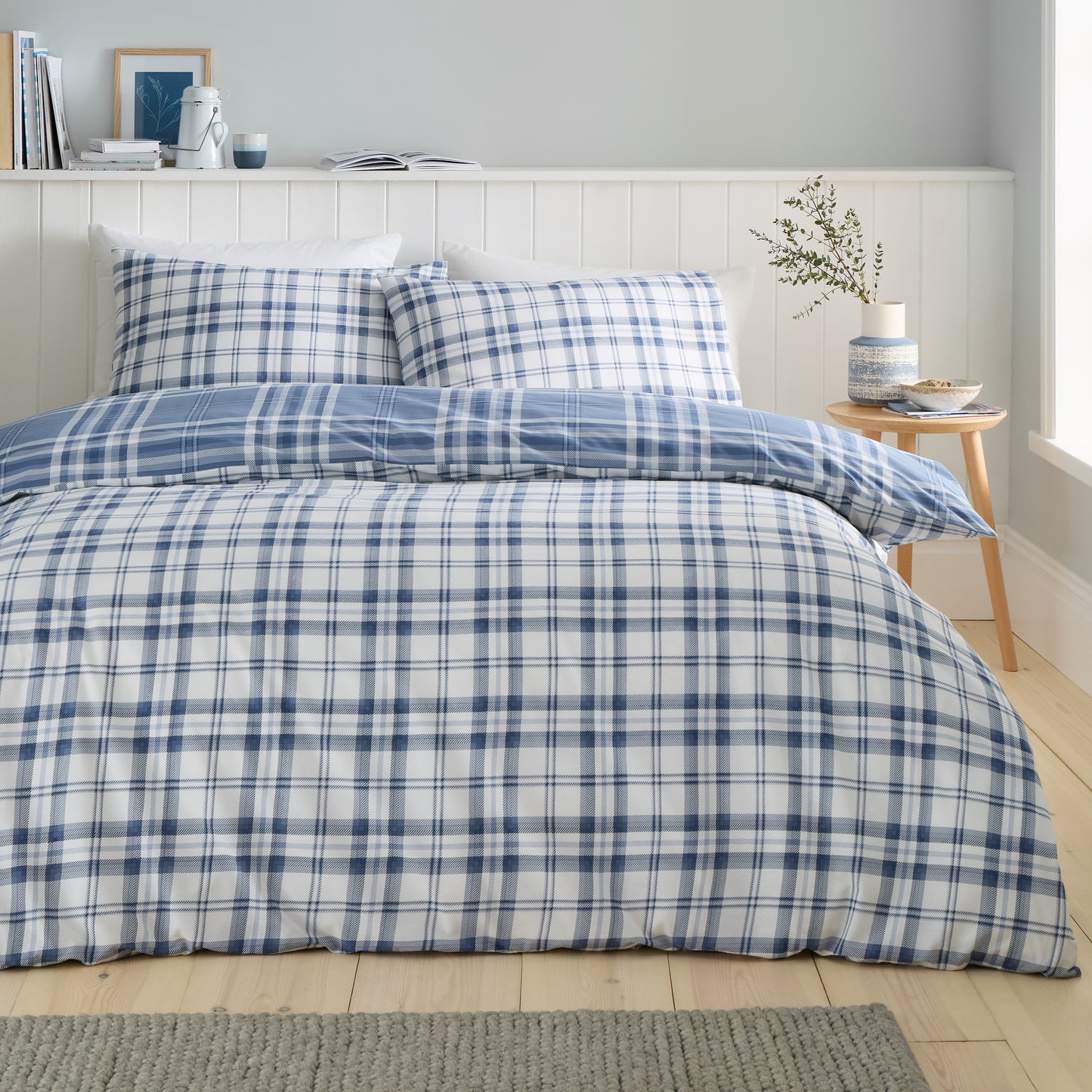 Kelso Check Reversible Duvet Cover Set in Blue by Catherine Lansfield