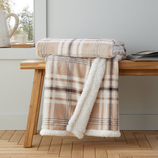 Cosy Kelso Check Blanket Throw in Natural by Catherine Lansfield