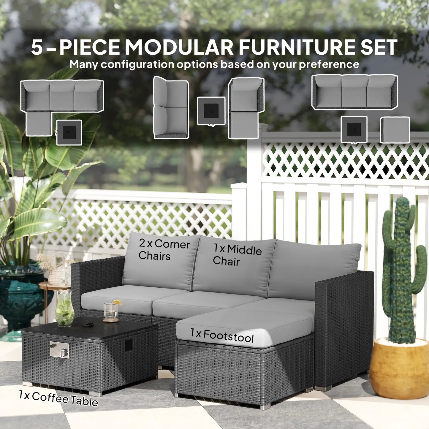 Five Piece Rattan Garden Furniture Set with Gas Fire Pit Table and Footstool - Grey