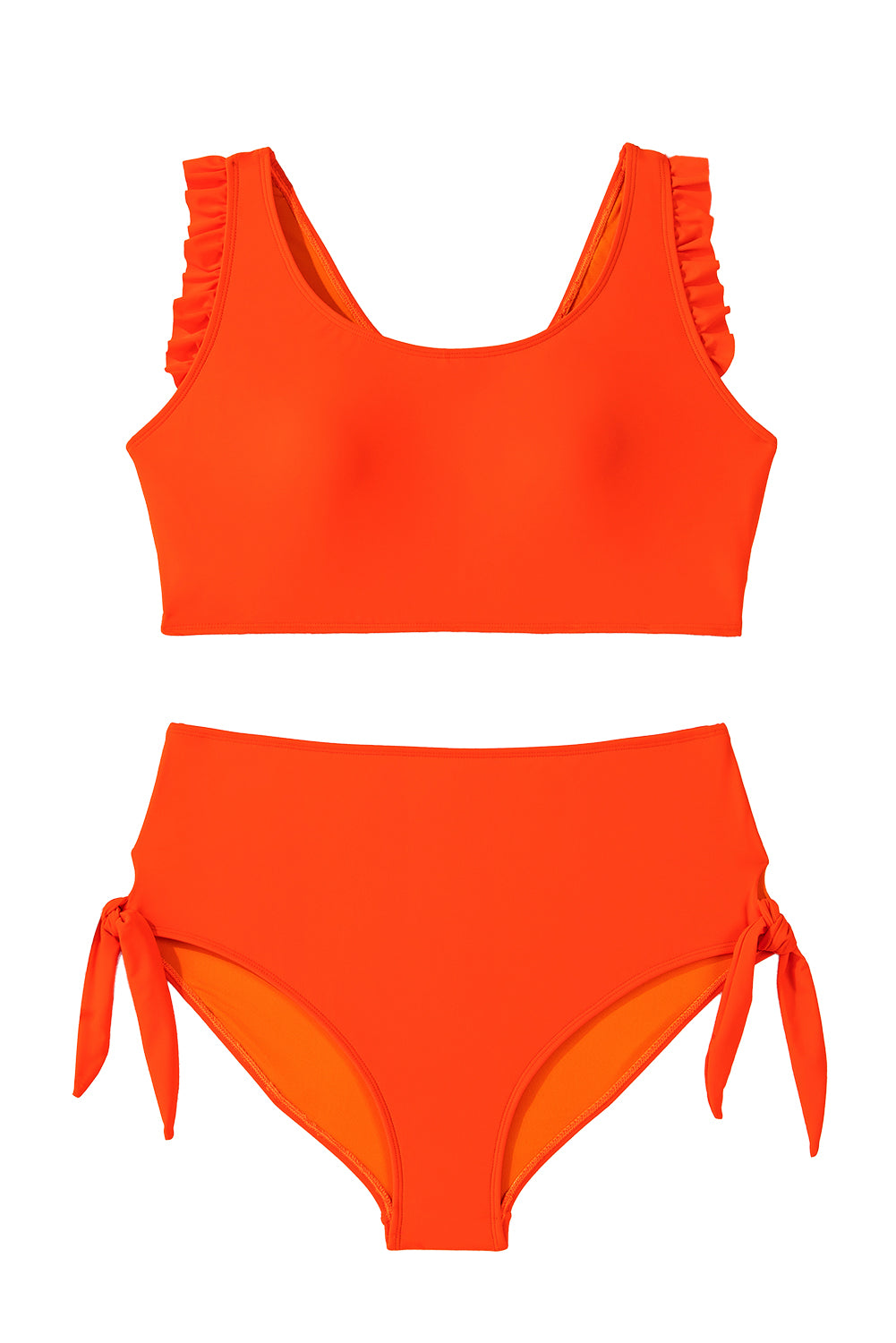 Orange Ruffled Trim Knotted High Waist Plus Size Bikini Set