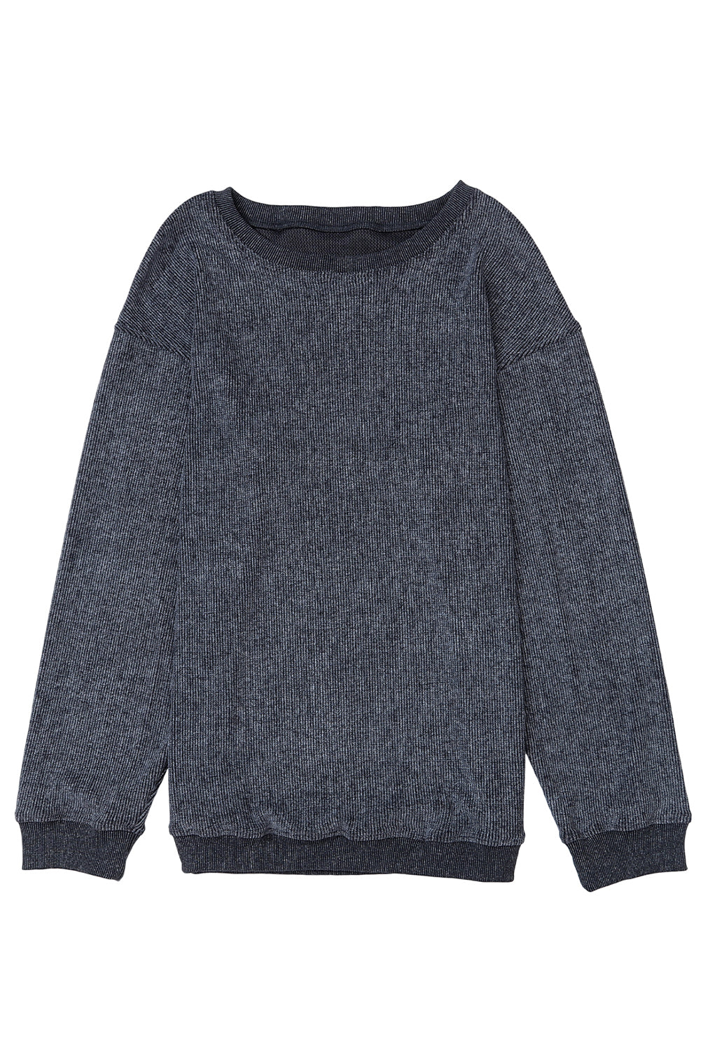 Solid Ribbed Round Neck Pullover Sweatshirt