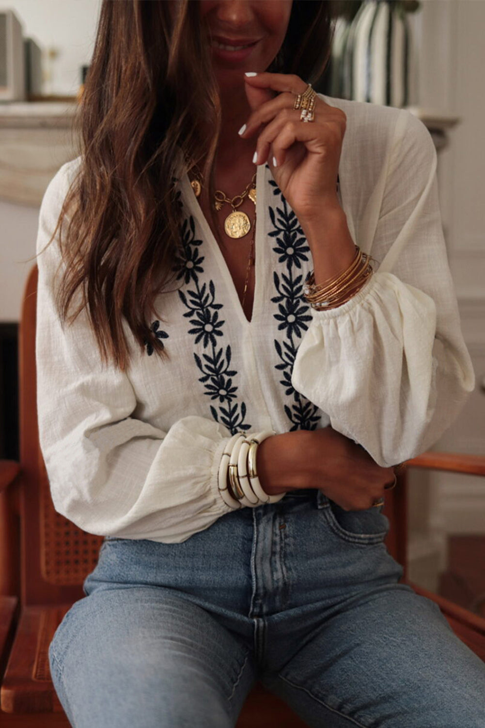 White Floral Embroidered Frill V Neck Puff Sleeve Blouse