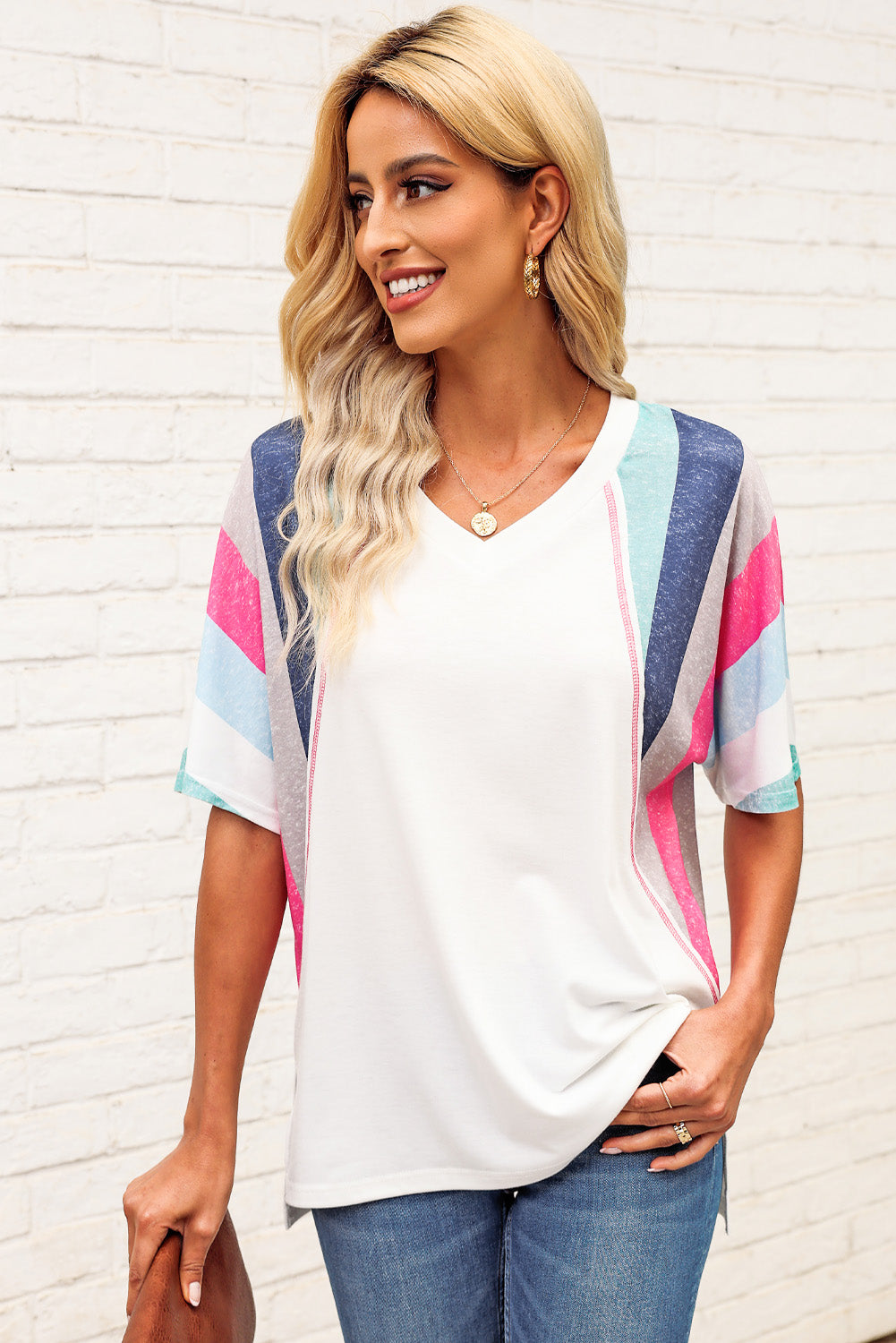 White Stripe Colorblock V Neck T Shirt