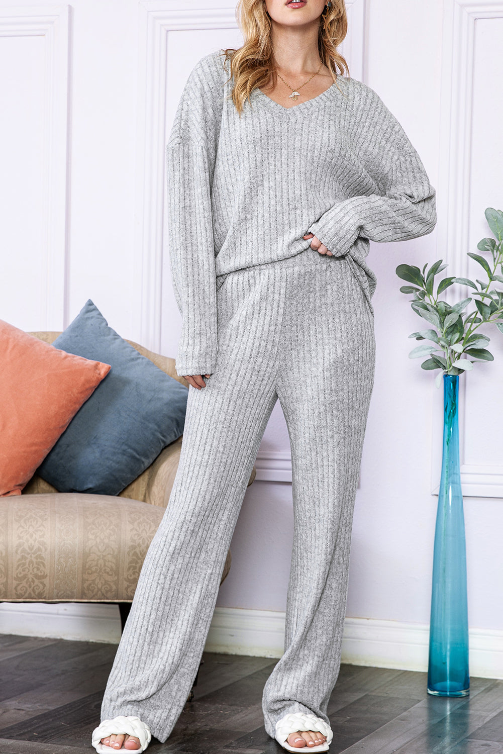 Slouchy Ribbed Knit V Neck Top & Pants Loungewear Set