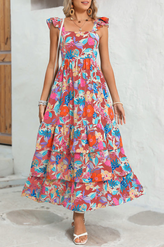 Floral Print Sleeveless Ruffle Tiered Maxi Dress