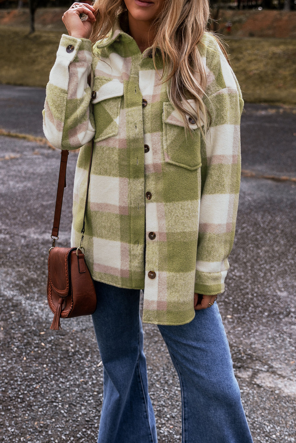 Sage Green Plaid Print Buttoned Flap Pockets Baggy Shacket