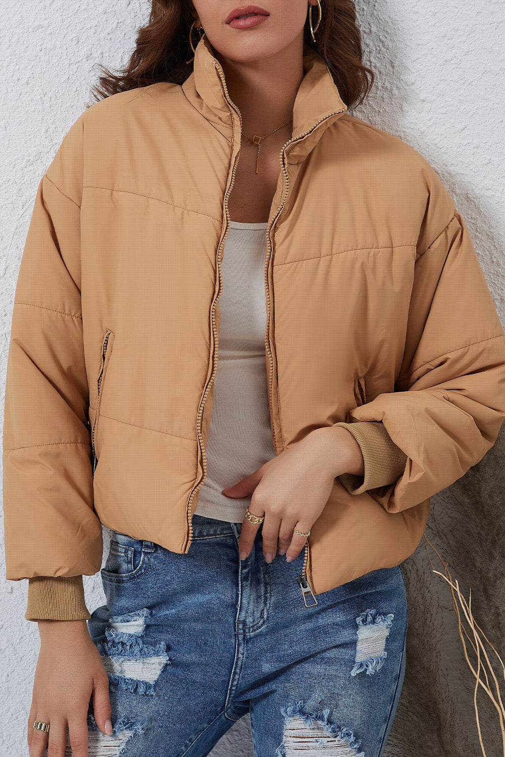 Solid Zip Up Pocketed Puffer Coat