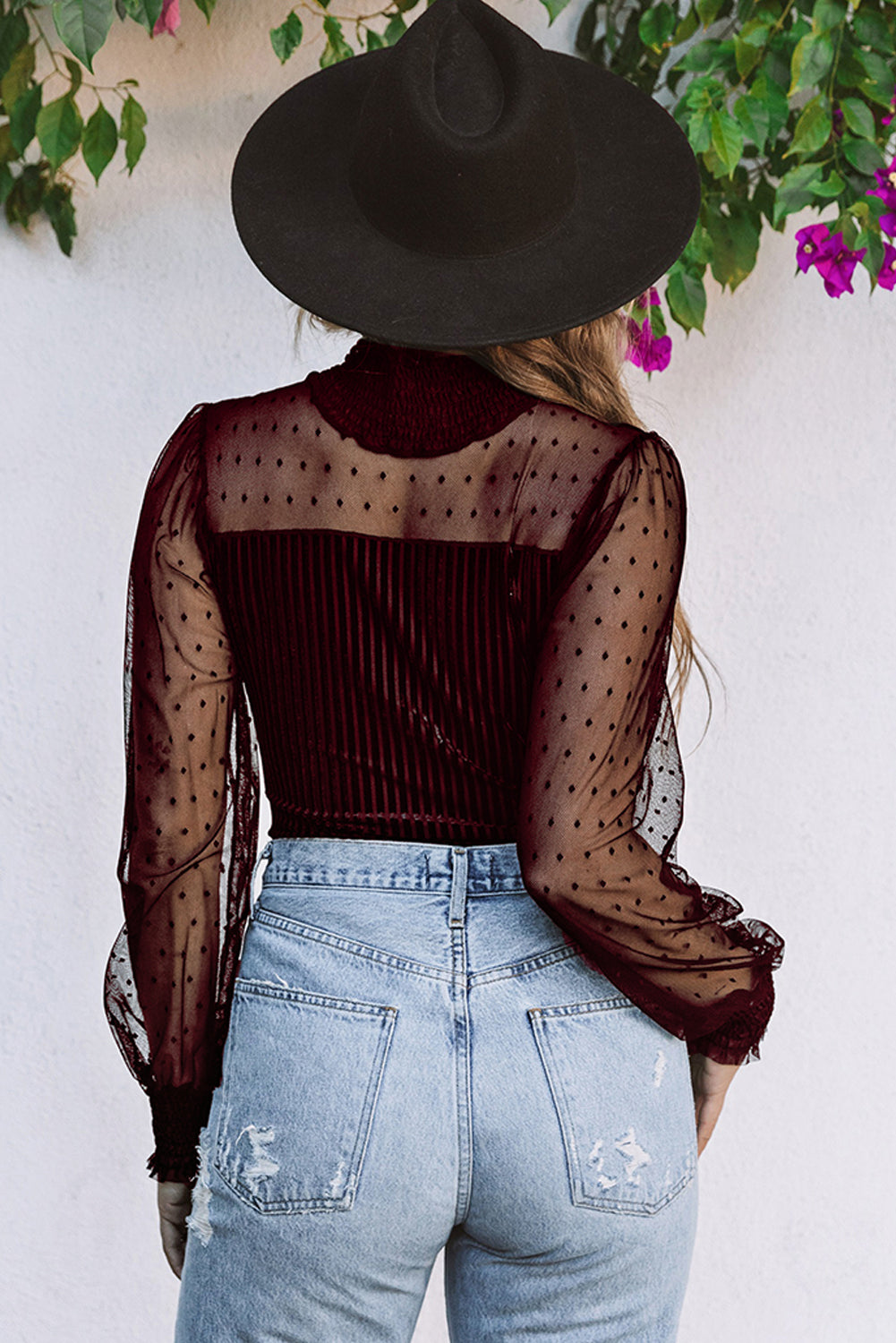 Sexy Sheer Dotty Puff Sleeve Ribbed Velvet Bodysuit