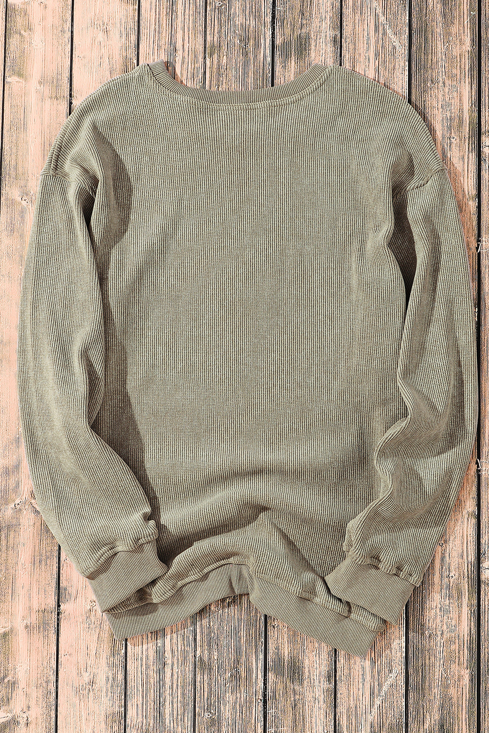 Solid Ribbed Round Neck Pullover Sweatshirt