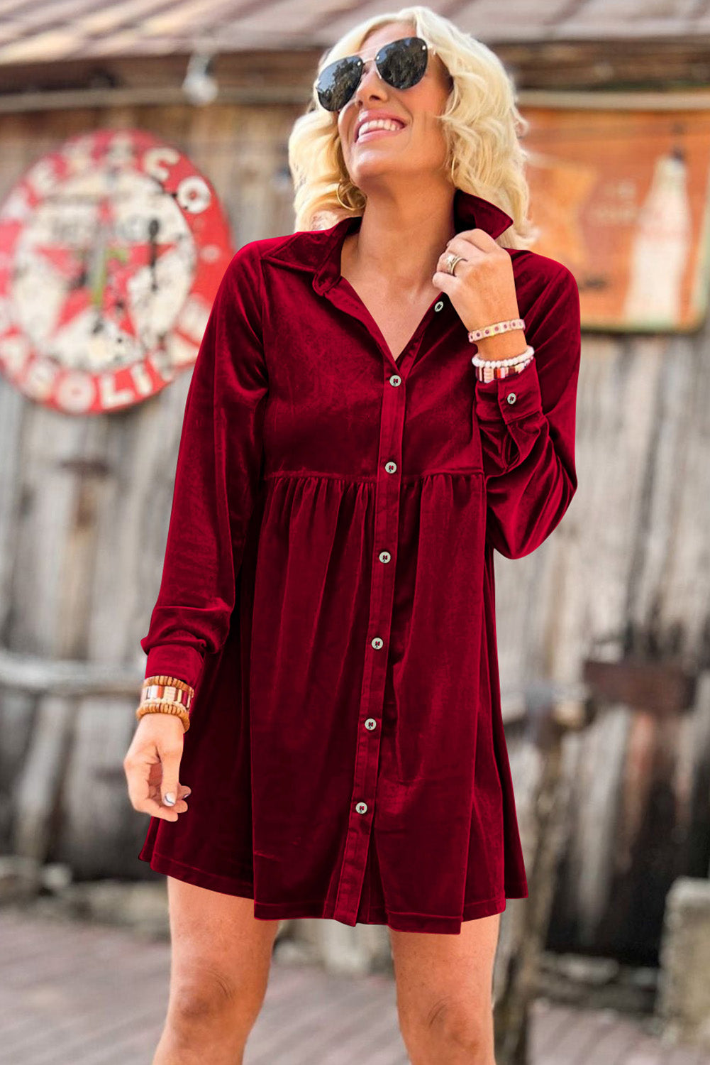 Long Sleeve Ruffle Velvet Button Up Shirt Dress