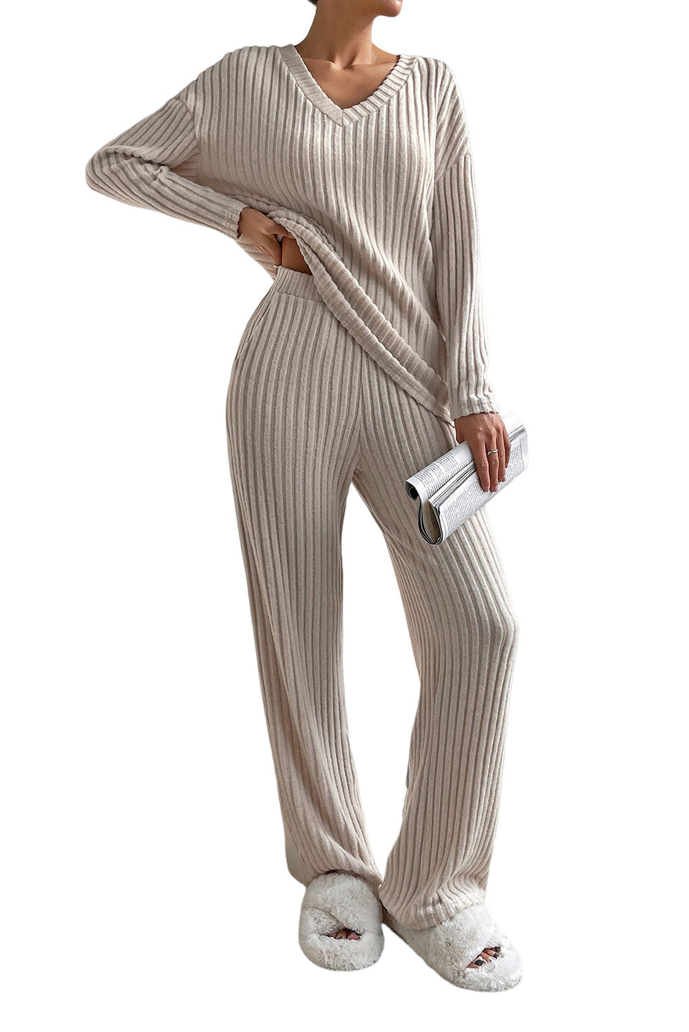 Slouchy Ribbed Knit V Neck Top & Pants Loungewear Set