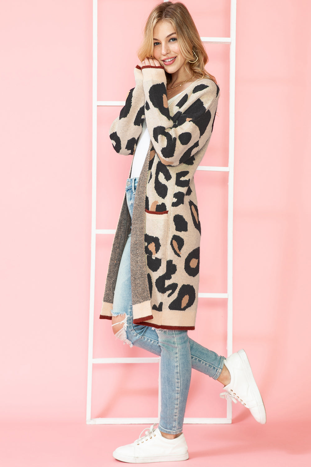 Leopard Print Open Front Pockets Midi Cardigan