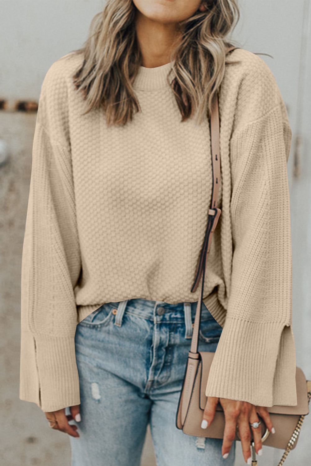 Textured Knit Split Cuff Drop Shoulder Loose Sweater