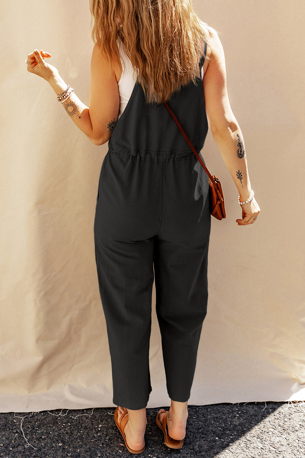 Drawstring Buttoned Straps Cropped Jumpsuit