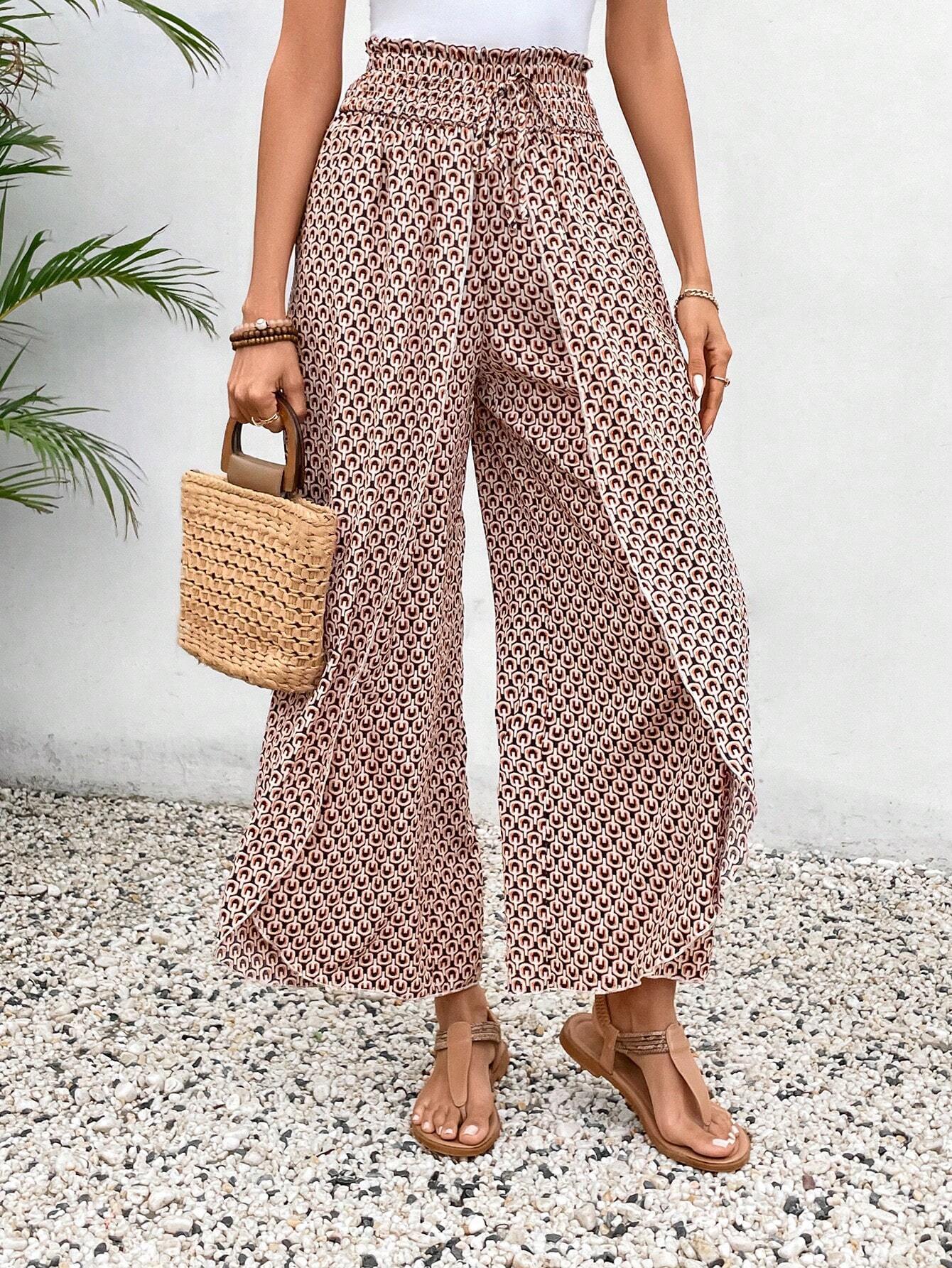 Pink Floral Shirred Side Slit Wide Leg Pants