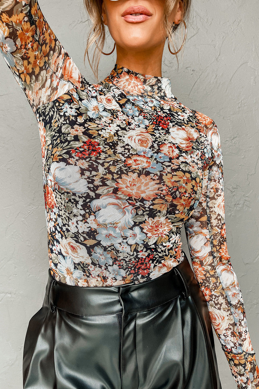 Floral Print Mesh Mock Neck Slim Top