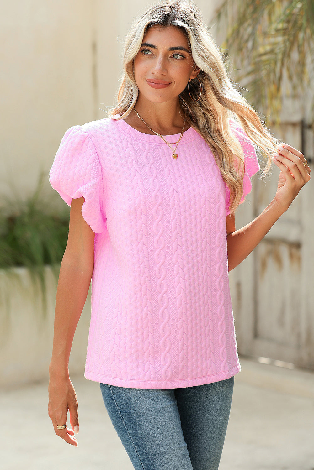 Pink Textured Puff Sleeve Round Neck T-Shirt