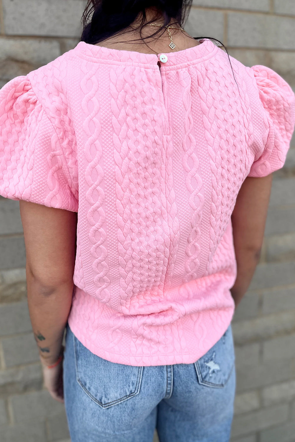 Pink Textured Puff Sleeve Round Neck T-Shirt