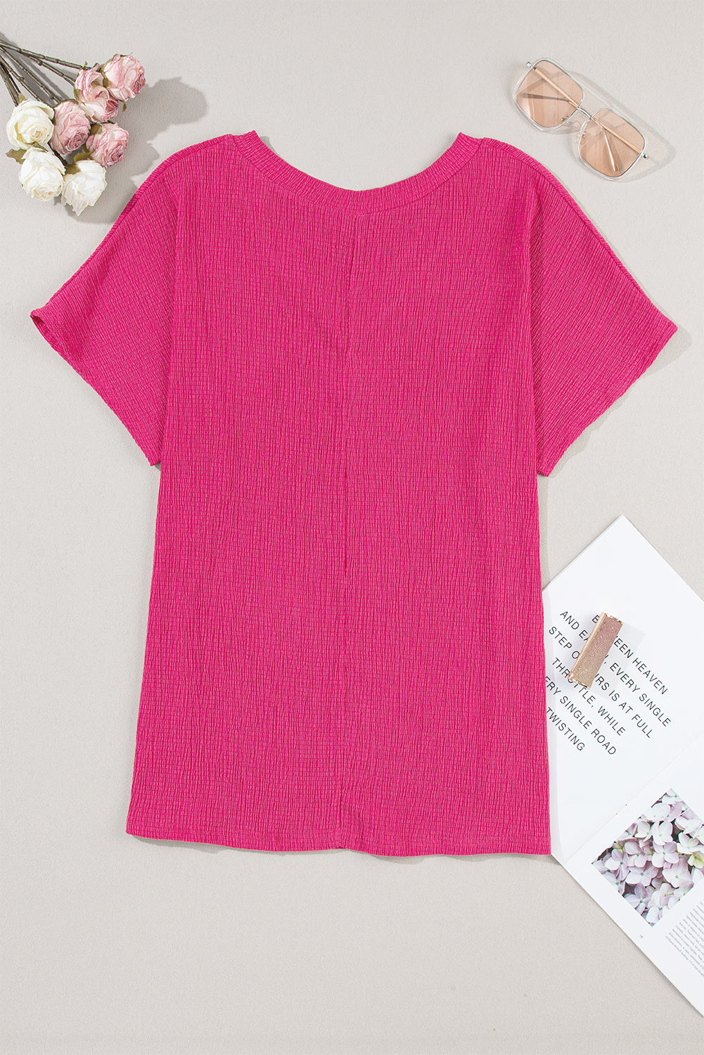 Plain Crinkled V Neck Flounce Sleeve T Shirt