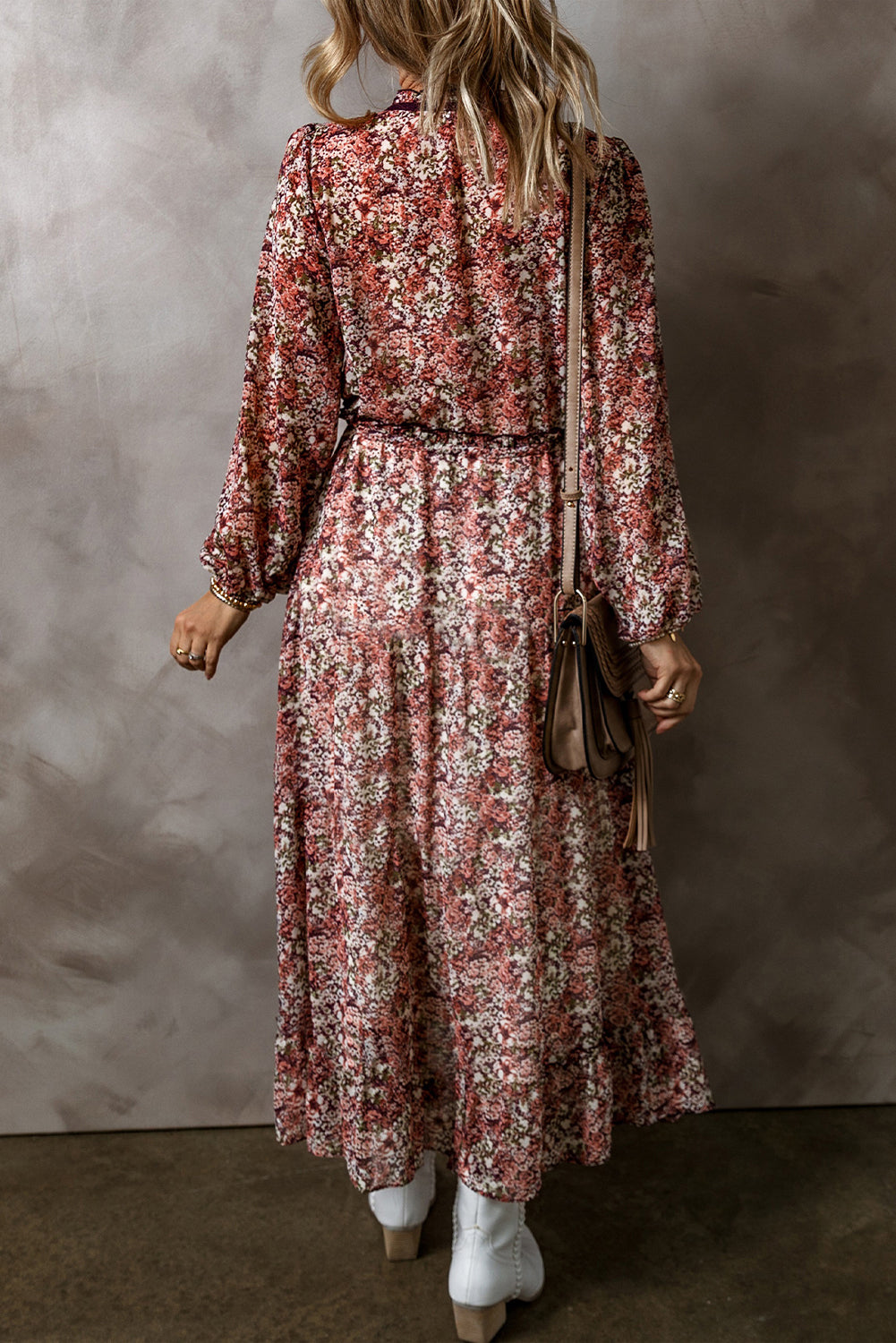 Brown Floral Print Split Front Tiered Frilled V Neck Midi Dress