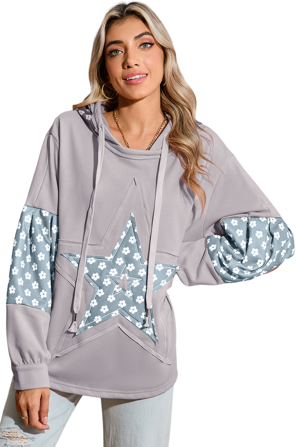 Floral Patchwork Star Pattern Drawstring Hoodie