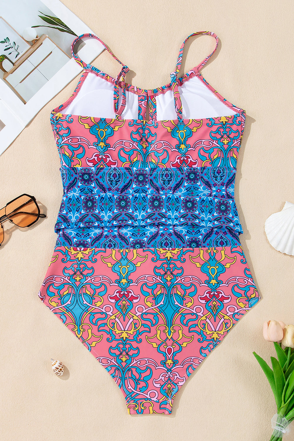 Blue Geometric Print Hollow Out Knotted Waist One Piece Swimsuit