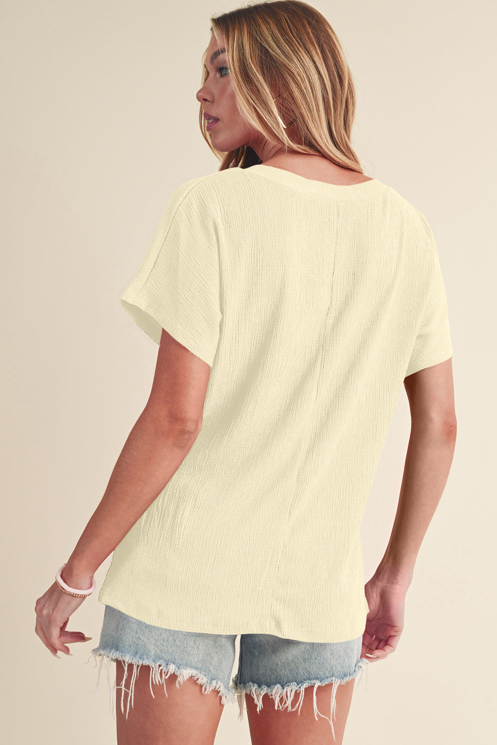 Plain Crinkled V Neck Flounce Sleeve T Shirt