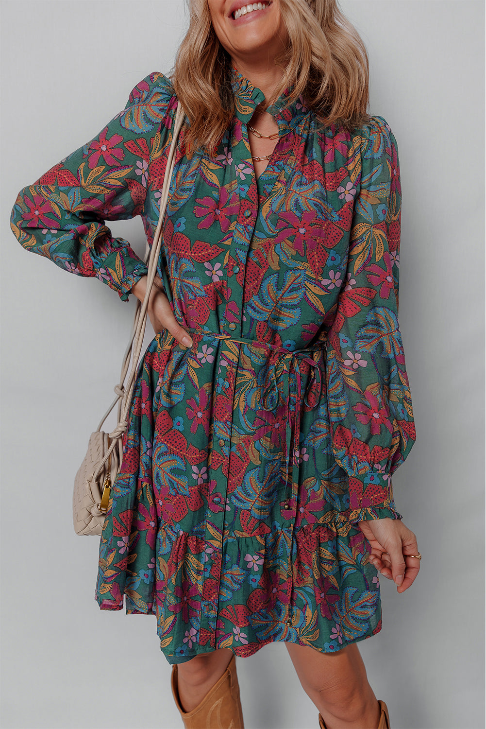 Green Floral Frill V Neck Puff Sleeve Ruffle Mini Dress