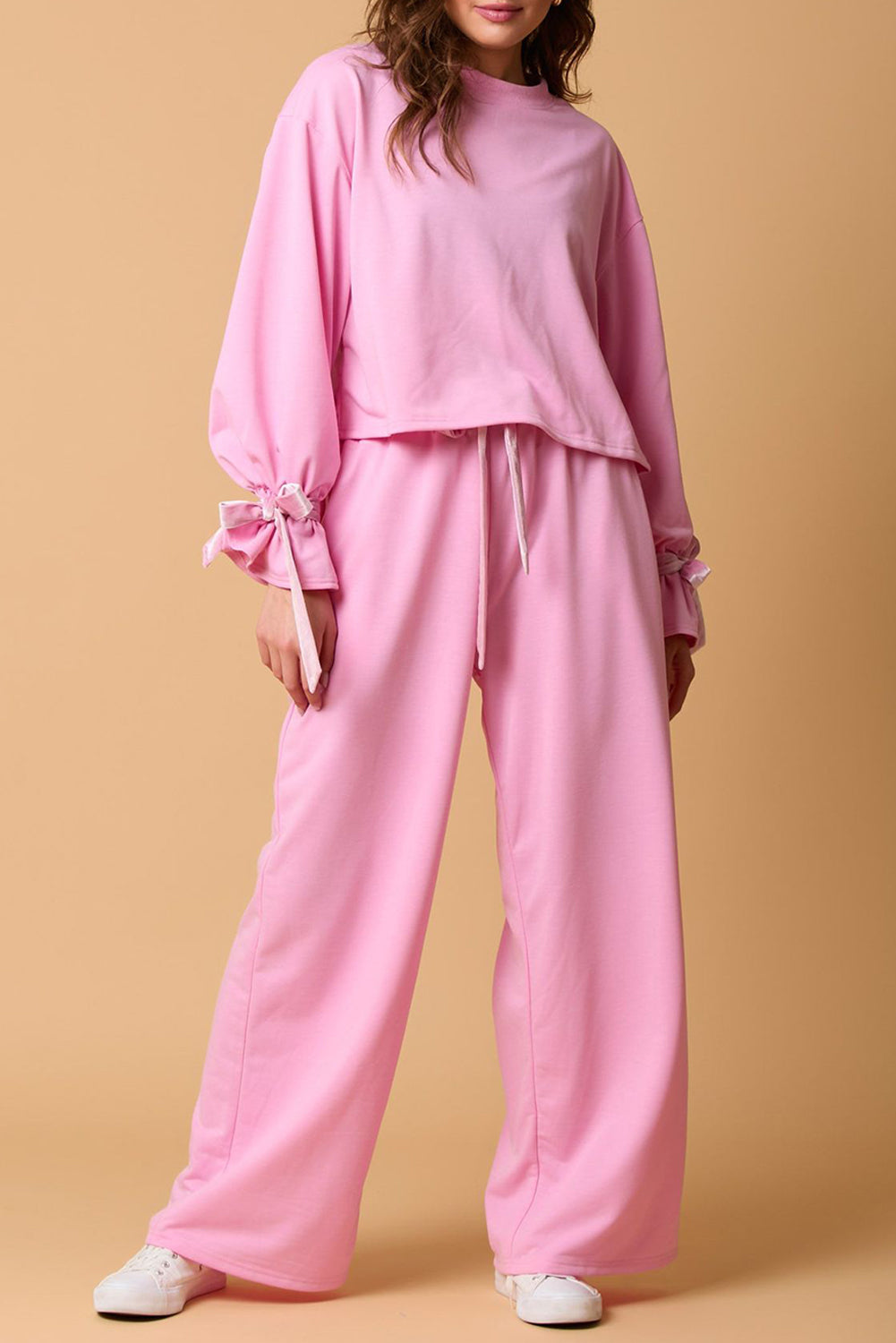 Bonbon Knot Cuffs Long Sleeve Pullover and Wide Leg Pants Set