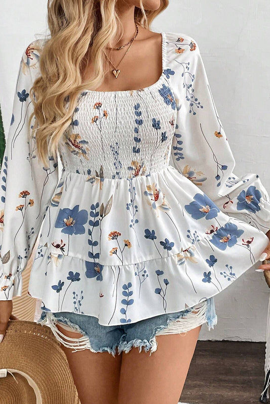 White Floral Shirred Square Neck Long Sleeve Shirt