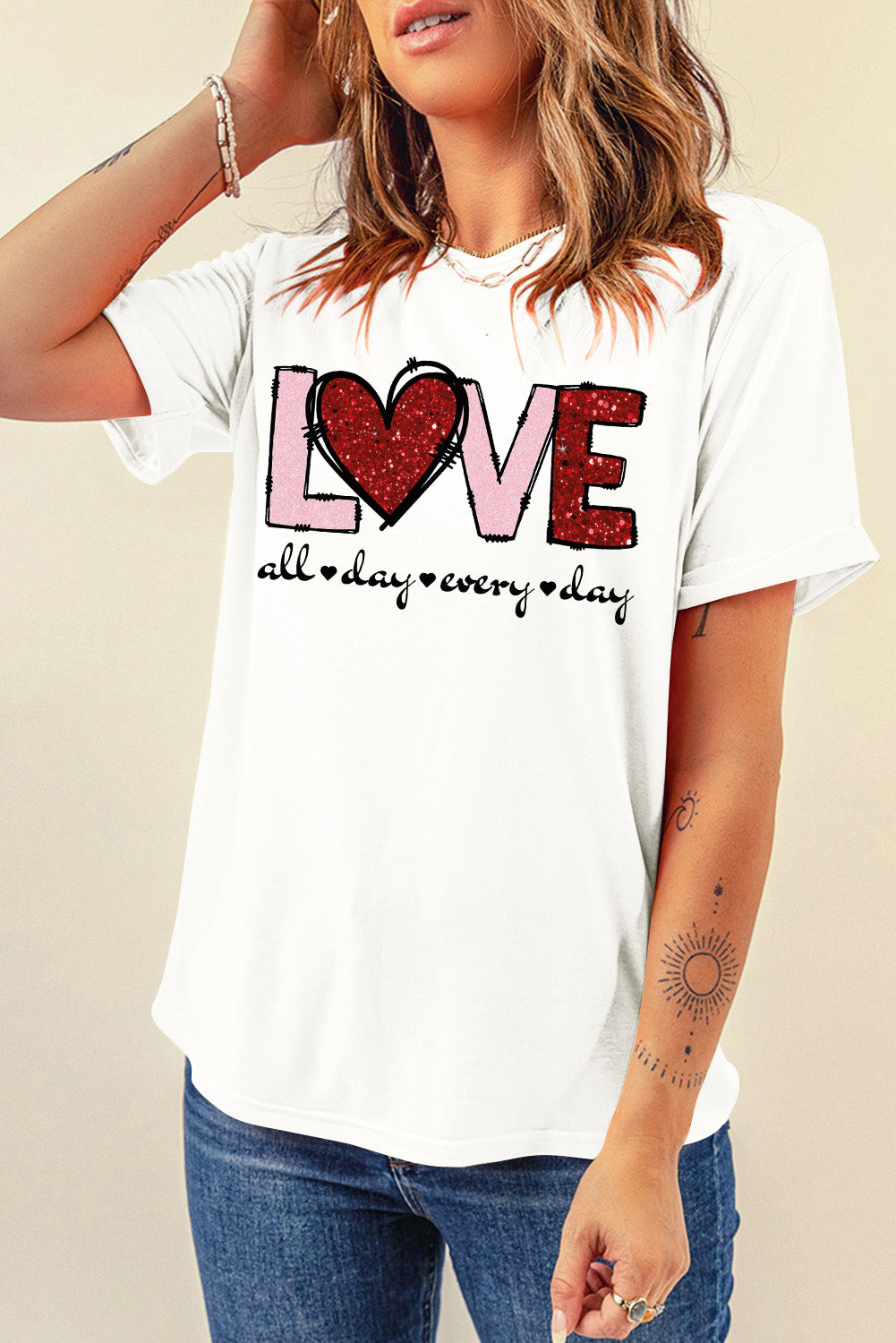 White Valentine LOVE Heart Shape Crew Neck Graphic Tee