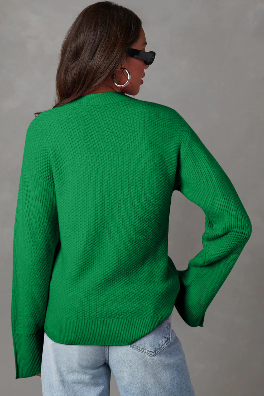 Textured Knit Split Cuff Drop Shoulder Loose Sweater