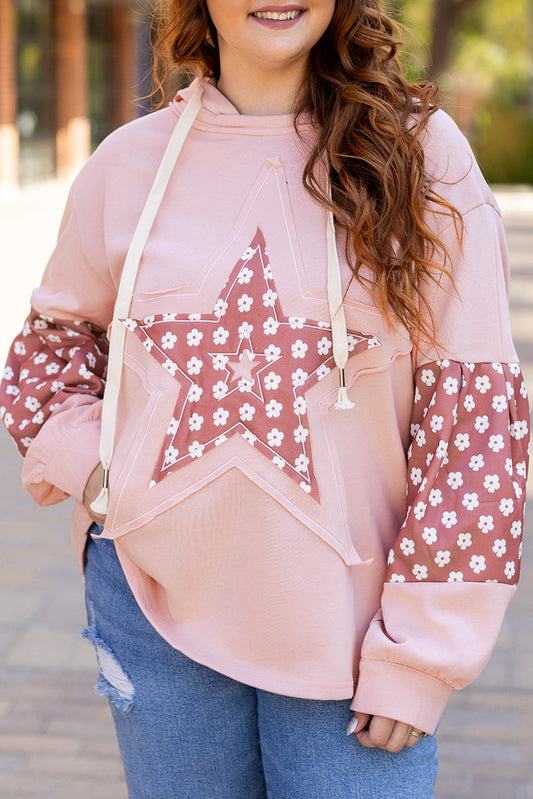 Delicacy Star Patched Floral Sleeve Plus Size Hoodie