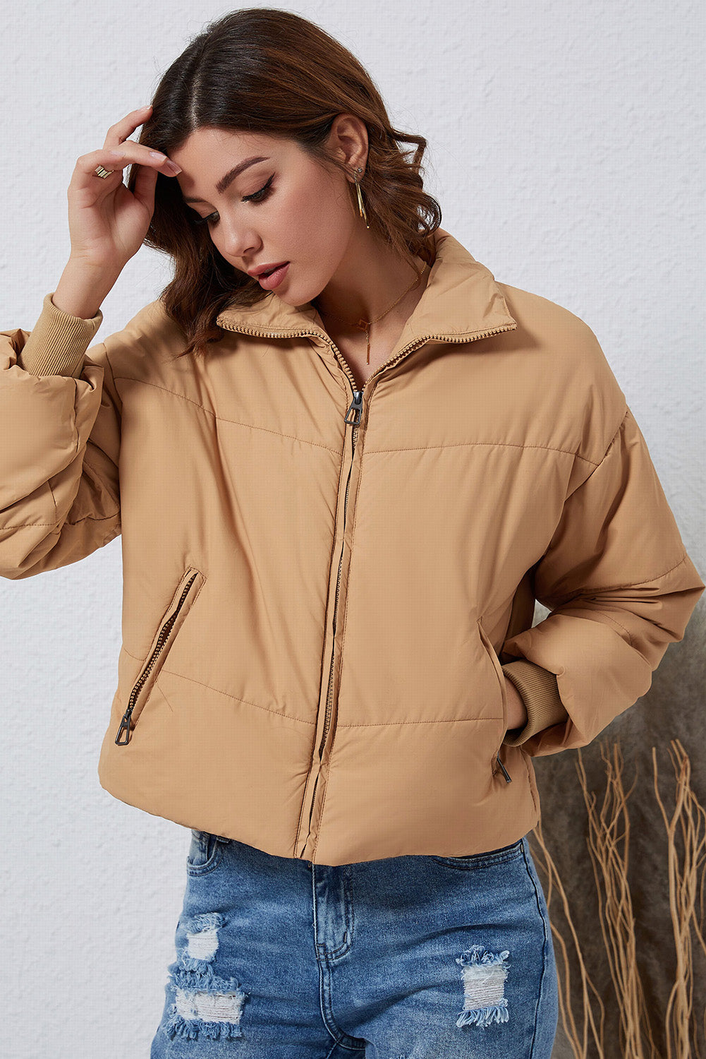 Solid Zip Up Pocketed Puffer Coat