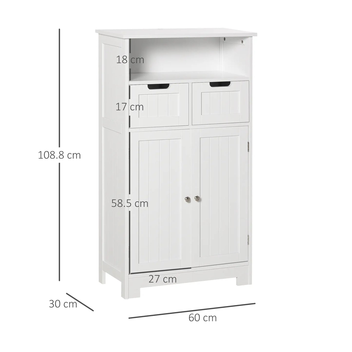Free Standing White Bathroom Storage Cabinet with 2 Drawers and Adjustable Shelf